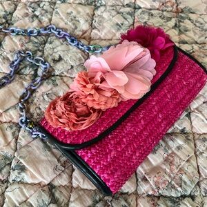 Betsy Johnson pink straw crossbody bag with flowers
